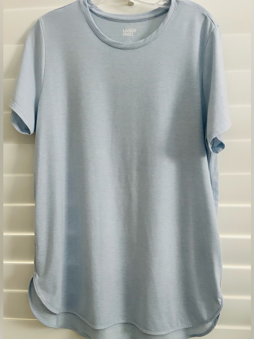 Lands End Soft Blue Haze Pinstripe Moisture Wicking UPF50 SS Tunic Large